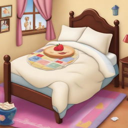 A whimsical scene featuring a delicious cream pie placed on a cozy bed, illustrated in the charming and magical style of Disney