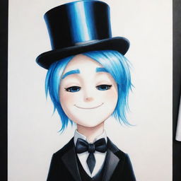 A detailed drawing of a Roblox boy, exhibiting gleaming white skin, blue hair, stylish black attire, and topped with an elegant top hat.