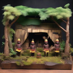 A diorama box featuring a primitive tribe