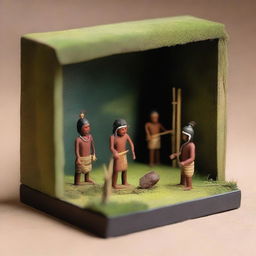 A diorama box featuring a primitive tribe