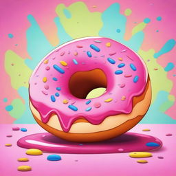 A cartoon-style donut with a gooey sauce oozing through the hole