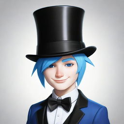 A detailed drawing of a Roblox boy, exhibiting gleaming white skin, blue hair, stylish black attire, and topped with an elegant top hat.