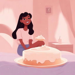 A Disney-style illustration of a woman sitting on a bed, enjoying a cream pie