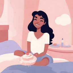 A Disney-style illustration of a woman sitting on a bed, enjoying a cream pie