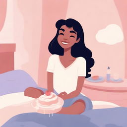 A Disney-style illustration of a woman sitting on a bed, enjoying a cream pie