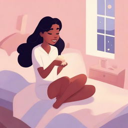 A Disney-style illustration of a woman sitting on a bed, enjoying a cream pie