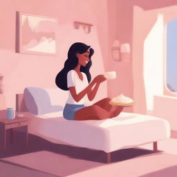 A Disney-style illustration of a woman sitting on a bed, enjoying a cream pie