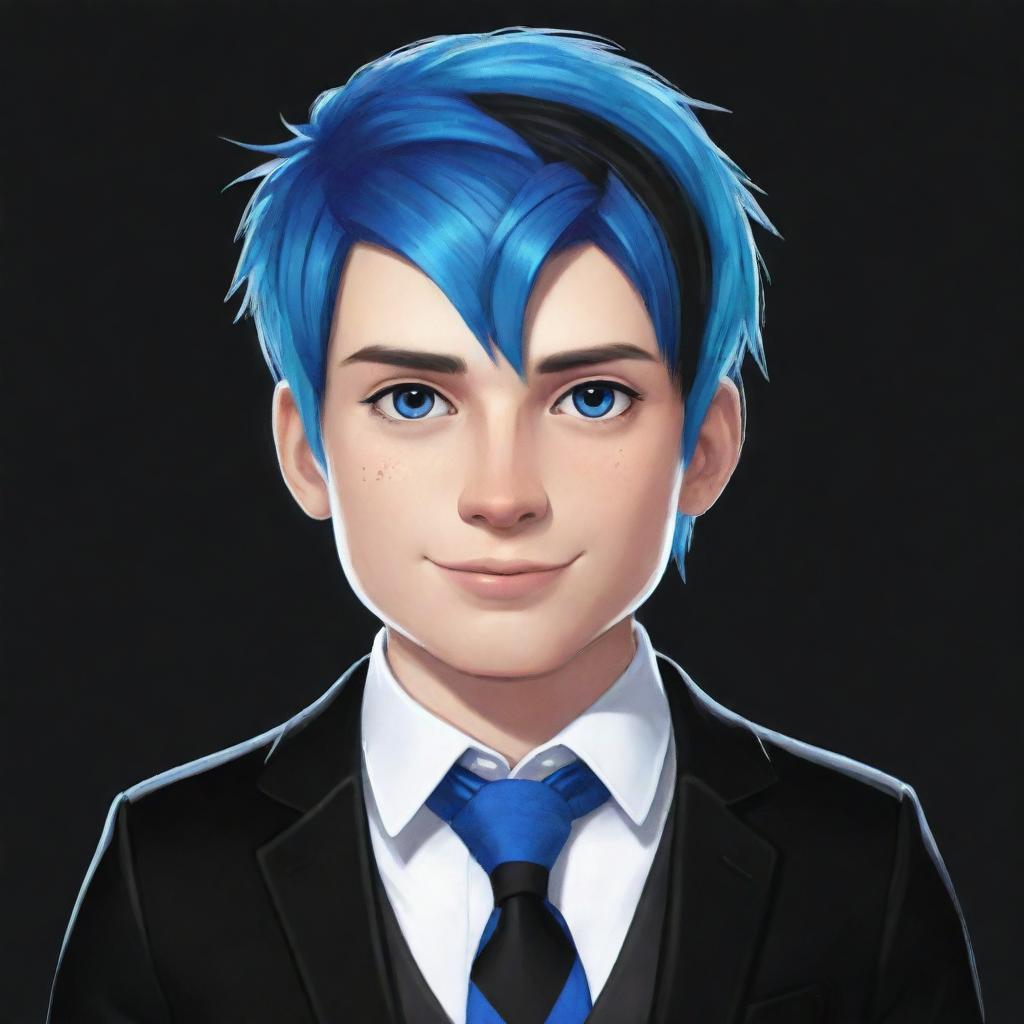 An intricate drawing showcasing a Roblox boy character with radiant white skin, vibrant blue hair, and a dapper black outfit.