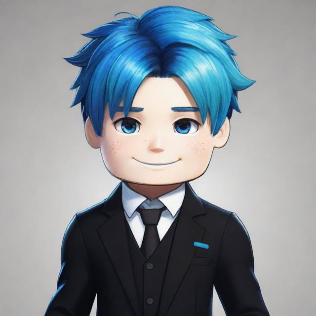 An intricate drawing showcasing a Roblox boy character with radiant white skin, vibrant blue hair, and a dapper black outfit.