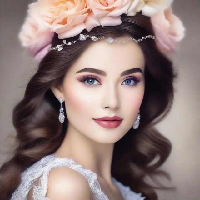 Create an image using her face to depict a beautiful and attractive photo, emphasizing elegance and charm.