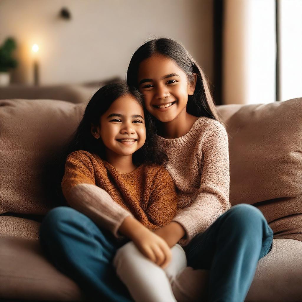 A heartwarming scene of a sister sitting on her brother's lap