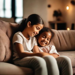 A heartwarming scene of a sister sitting on her brother's lap