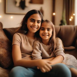 A heartwarming scene of a sister sitting on her brother's lap