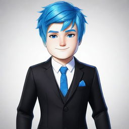 An intricate drawing showcasing a Roblox boy character with radiant white skin, vibrant blue hair, and a dapper black outfit.