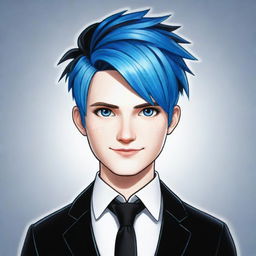 An intricate drawing showcasing a Roblox boy character with radiant white skin, vibrant blue hair, and a dapper black outfit.