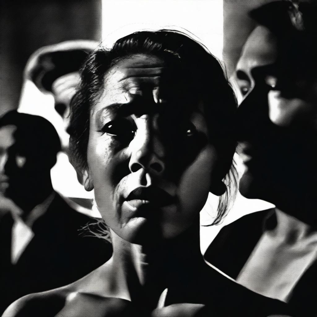 A close-up of a woman's face in the center, surrounded by the silhouettes of two men in the background, capturing a moment of confusion and tension