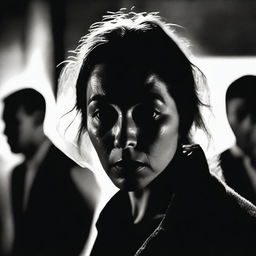 A close-up of a woman's face in the center, surrounded by the silhouettes of two men in the background, capturing a moment of confusion and tension