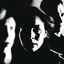 A close-up of a woman's face in the center, surrounded by the silhouettes of two men in the background, capturing a moment of confusion and tension