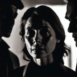 A close-up of a woman's face in the center, surrounded by the silhouettes of two men in the background, capturing a moment of confusion and tension