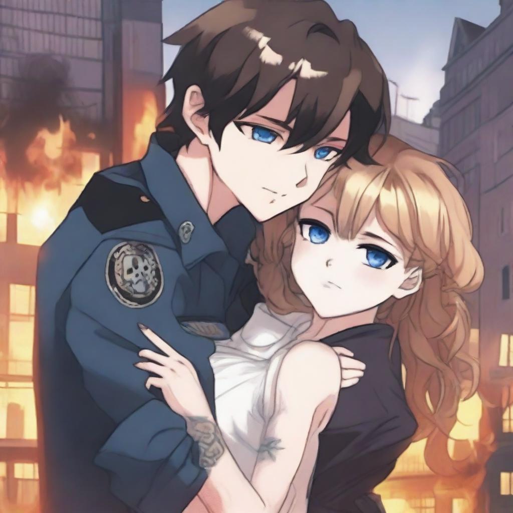 A brown-haired girl with blue eyes wearing a uniform, hugging a sexy black-haired boy with black eyes and tattoos