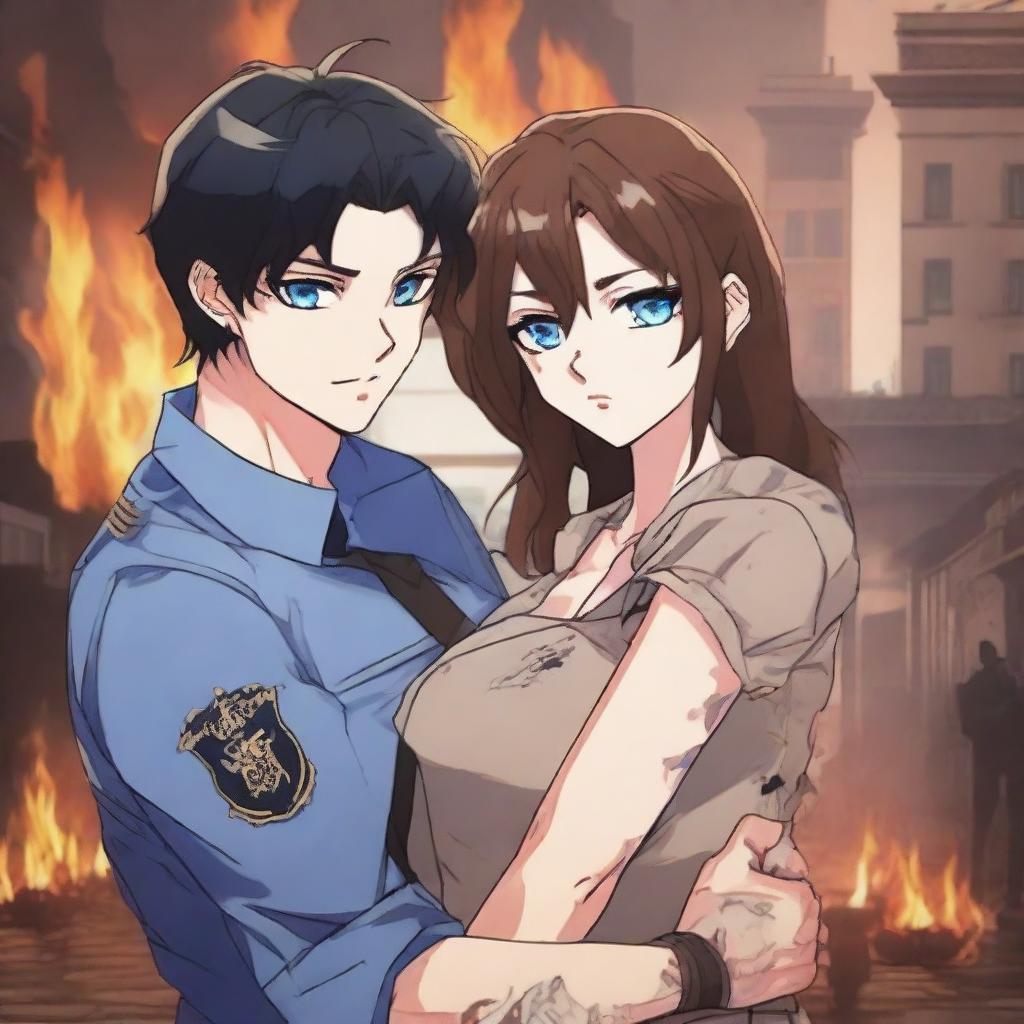 A brown-haired girl with blue eyes wearing a uniform, hugging a sexy black-haired boy with black eyes and tattoos