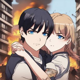 A brown-haired girl with blue eyes wearing a uniform, hugging a sexy black-haired boy with black eyes and tattoos