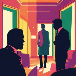 A woman's face in the middle of silhouettes of two men after a confusion, in full color, set in a hotel room