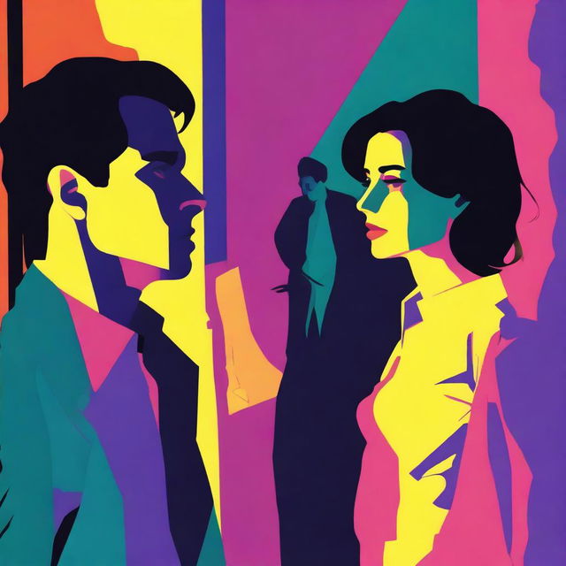 A woman's face in the middle of silhouettes of two men after a confusion, in full color, set in a hotel room