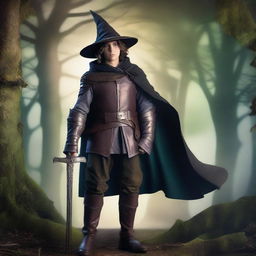 A 21-year-old boy wearing armor and a witch's hat without a cape