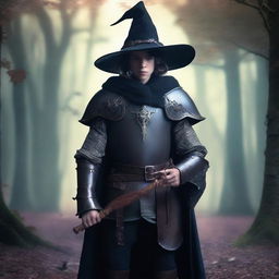 A 21-year-old boy wearing armor and a witch's hat without a cape