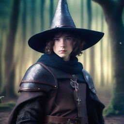 A 21-year-old boy wearing armor and a witch's hat without a cape