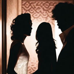 A high-definition image of a woman's face in the middle of silhouettes of two men, depicting a scene of confusion in a hotel room