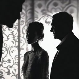 A high-definition image of a woman's face in the middle of silhouettes of two men, depicting a scene of confusion in a hotel room