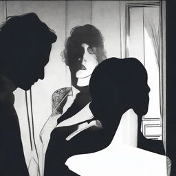 A high-definition image of a woman's face in the middle of silhouettes of two men, depicting a scene of confusion in a hotel room