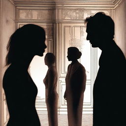 A high-definition image of a woman's face in the middle of silhouettes of two men, depicting a scene of confusion in a hotel room