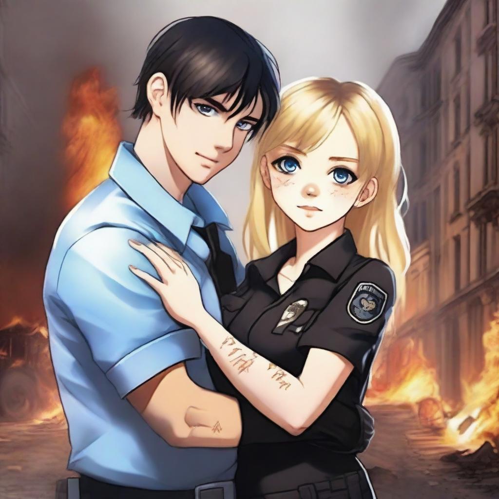 A realistic image of a brown-haired girl with blue eyes wearing a uniform, hugging a sexy black-haired boy with black eyes and tattoos