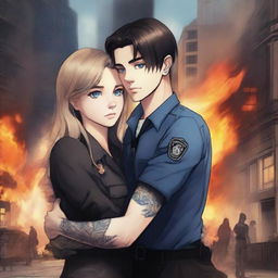 A realistic image of a brown-haired girl with blue eyes wearing a uniform, hugging a sexy black-haired boy with black eyes and tattoos