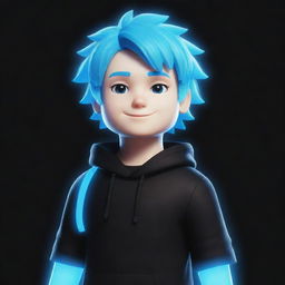 An illustrative drawing of a Roblox boy character with glowing white skin, vibrant blue hair, wearing a top and black outfit.