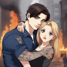 A realistic image of a brown-haired girl with blue eyes wearing a uniform, hugging a sexy black-haired boy with black eyes and tattoos