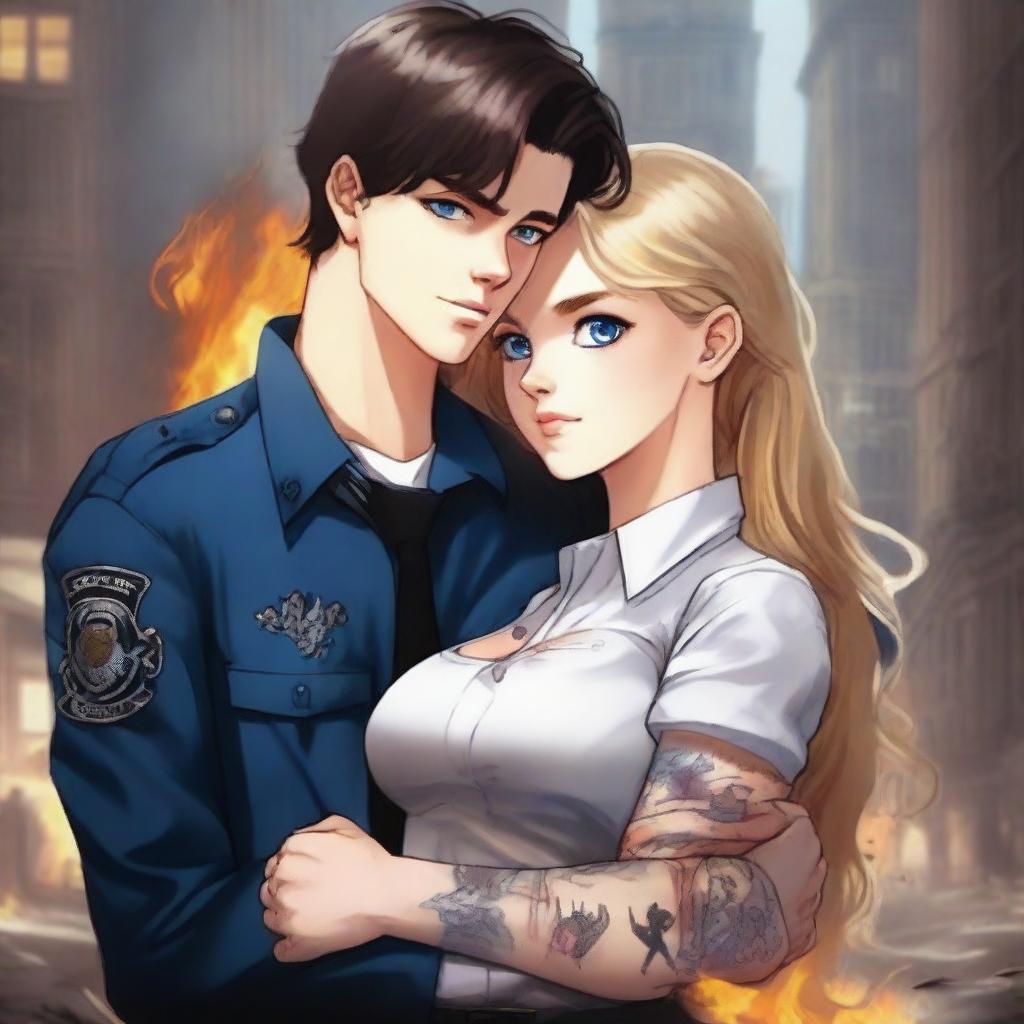 A realistic image of a brown-haired girl with blue eyes wearing a uniform, hugging a sexy black-haired boy with black eyes and tattoos