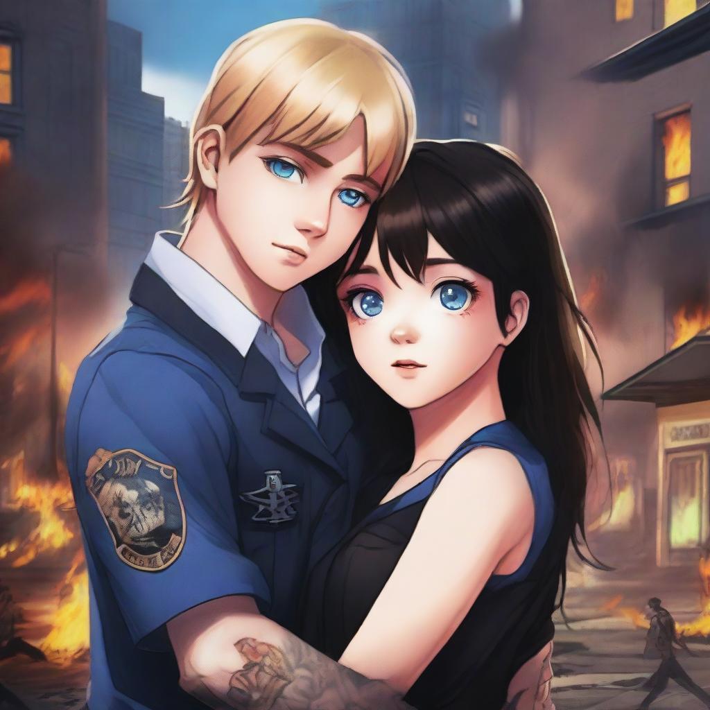 A realistic image of a brown-haired girl with blue eyes wearing a uniform, hugging a sexy black-haired boy with black eyes and tattoos