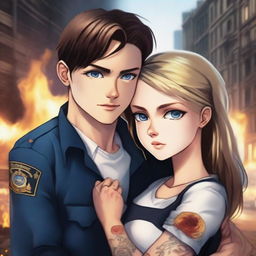 A realistic image of a brown-haired girl with blue eyes wearing a uniform, hugging a sexy black-haired boy with black eyes and tattoos