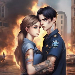 A realistic image of a brown-haired girl with blue eyes wearing a uniform, hugging a sexy black-haired boy with black eyes and tattoos