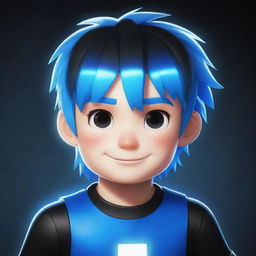 An illustrative drawing of a Roblox boy character with glowing white skin, vibrant blue hair, wearing a top and black outfit.