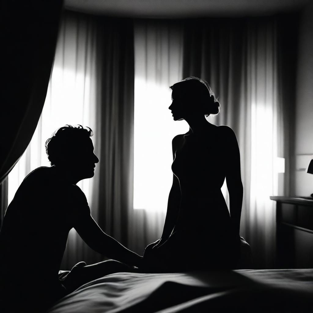 A silhouette of a woman's face sitting on a bed surrounded by the silhouettes of two men, amidst confusion in a hotel room illuminated by light