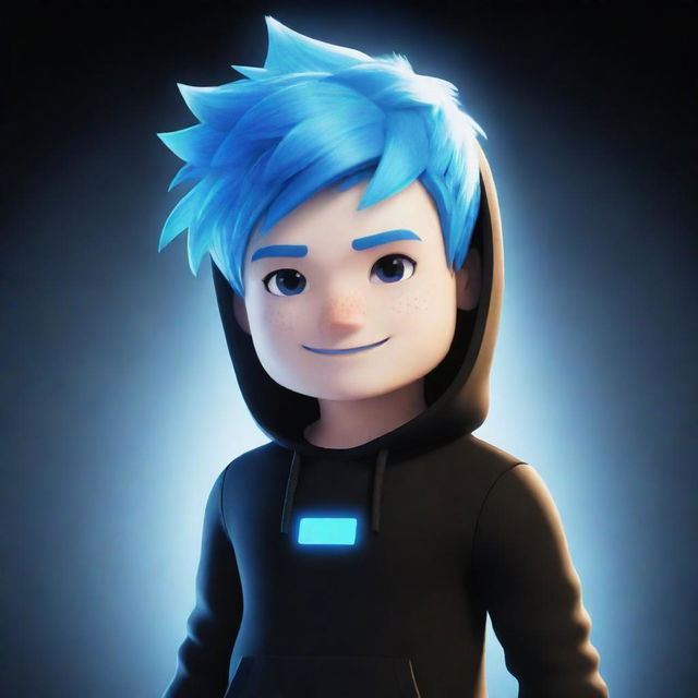 An illustrative drawing of a Roblox boy character with glowing white skin, vibrant blue hair, wearing a top and black outfit.