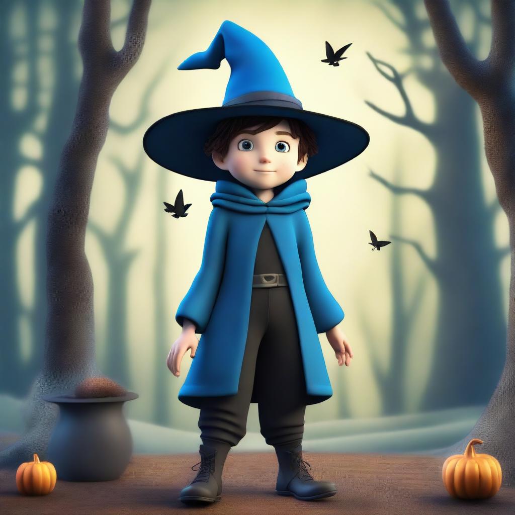 A young boy wearing a witch's hat, dressed in a blue and black fabric outfit, and steel pants