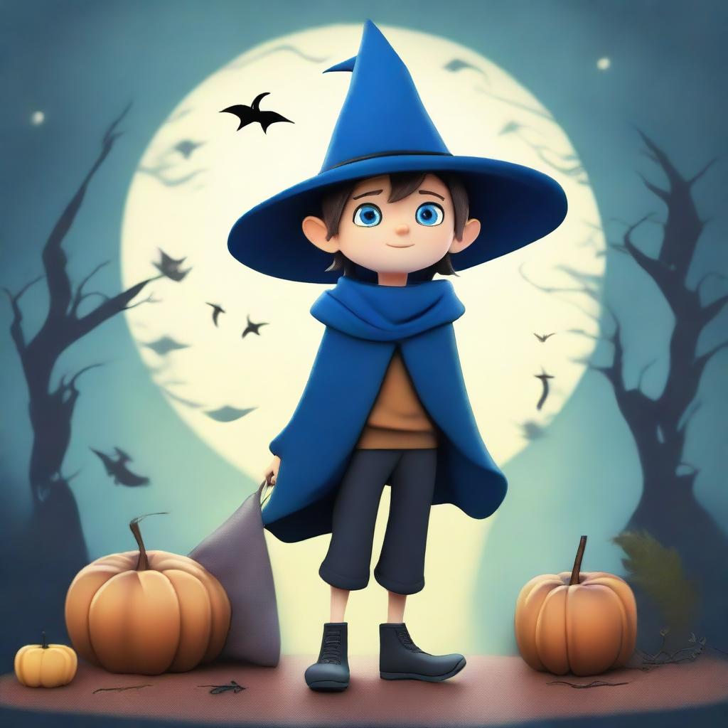 A young boy wearing a witch's hat, dressed in a blue and black fabric outfit, and steel pants