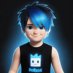 An illustrative drawing of a Roblox boy character with glowing white skin, vibrant blue hair, wearing a top and black outfit.