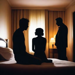 Silhouette of a woman's face sitting on a bed surrounded by the silhouettes of two men, following a confusion in a brightly lit hotel room